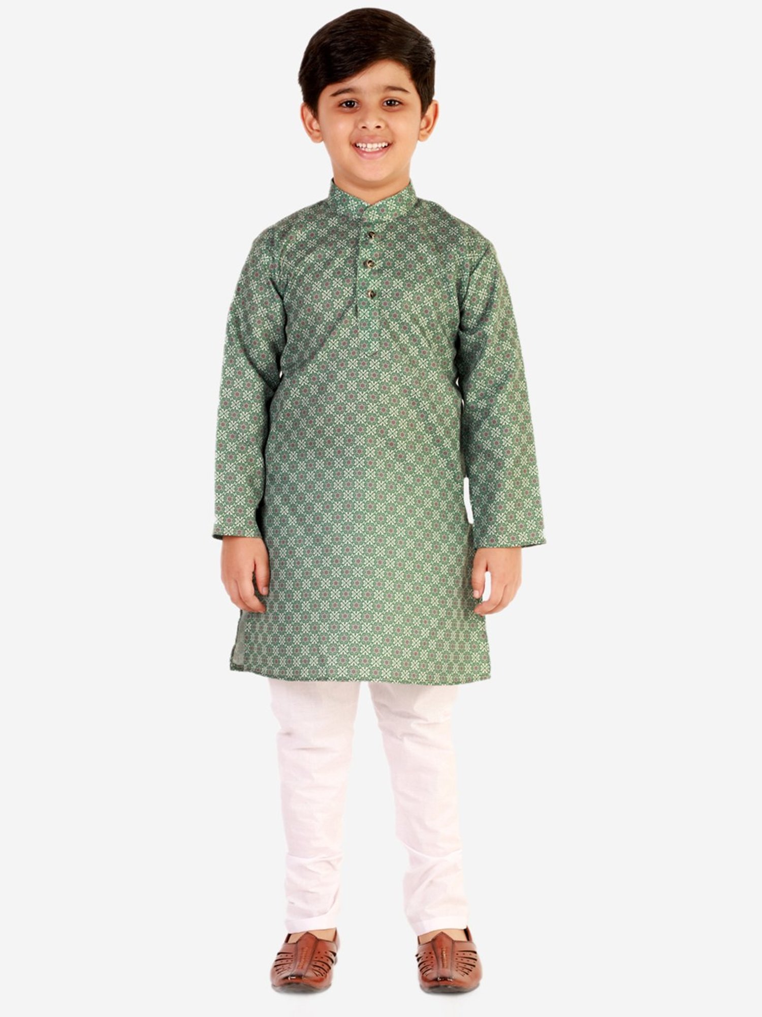 Pro-Ethic Style Developer Kids Green & White Floral Full Sleeves Kurta with Pyjamas