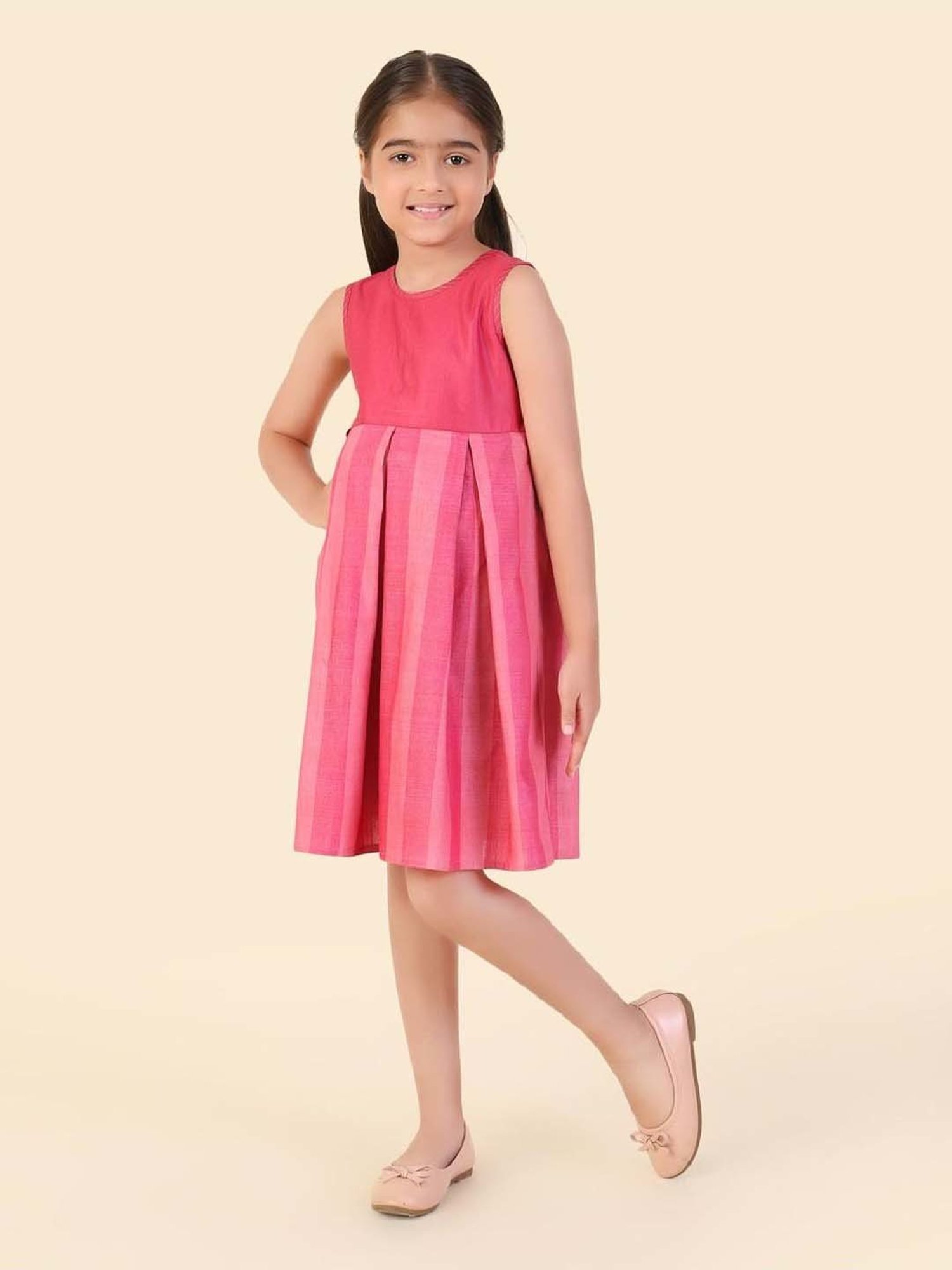 Fabindia Kids Fuschia Striped Dress