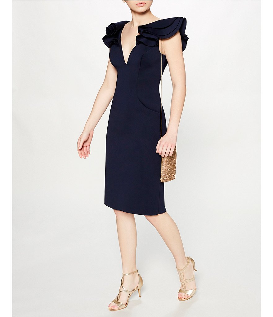 Laundry by Shelli Segal Ruffle Front Stretch Crepe Faux Wrap Dress