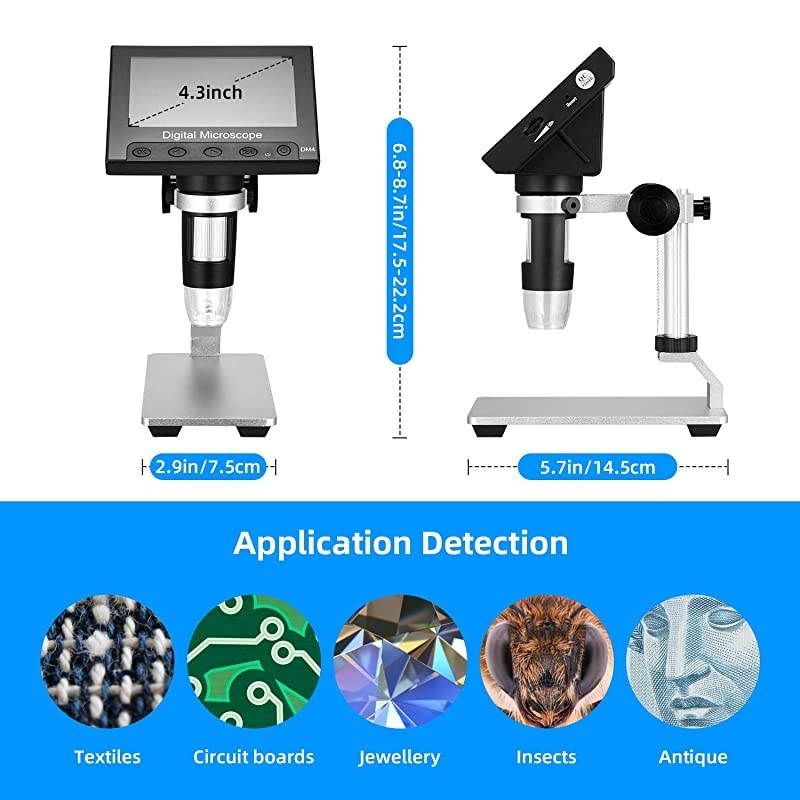 LCD Digital USB Microscope 4.3 Inch 10X-1000X Magnification Zoom, 8 LED Adjustable Light, Rechargeable Lithium Battery Camera Video Recorder for Phone Repair Soldering Tool Children Lab Edu