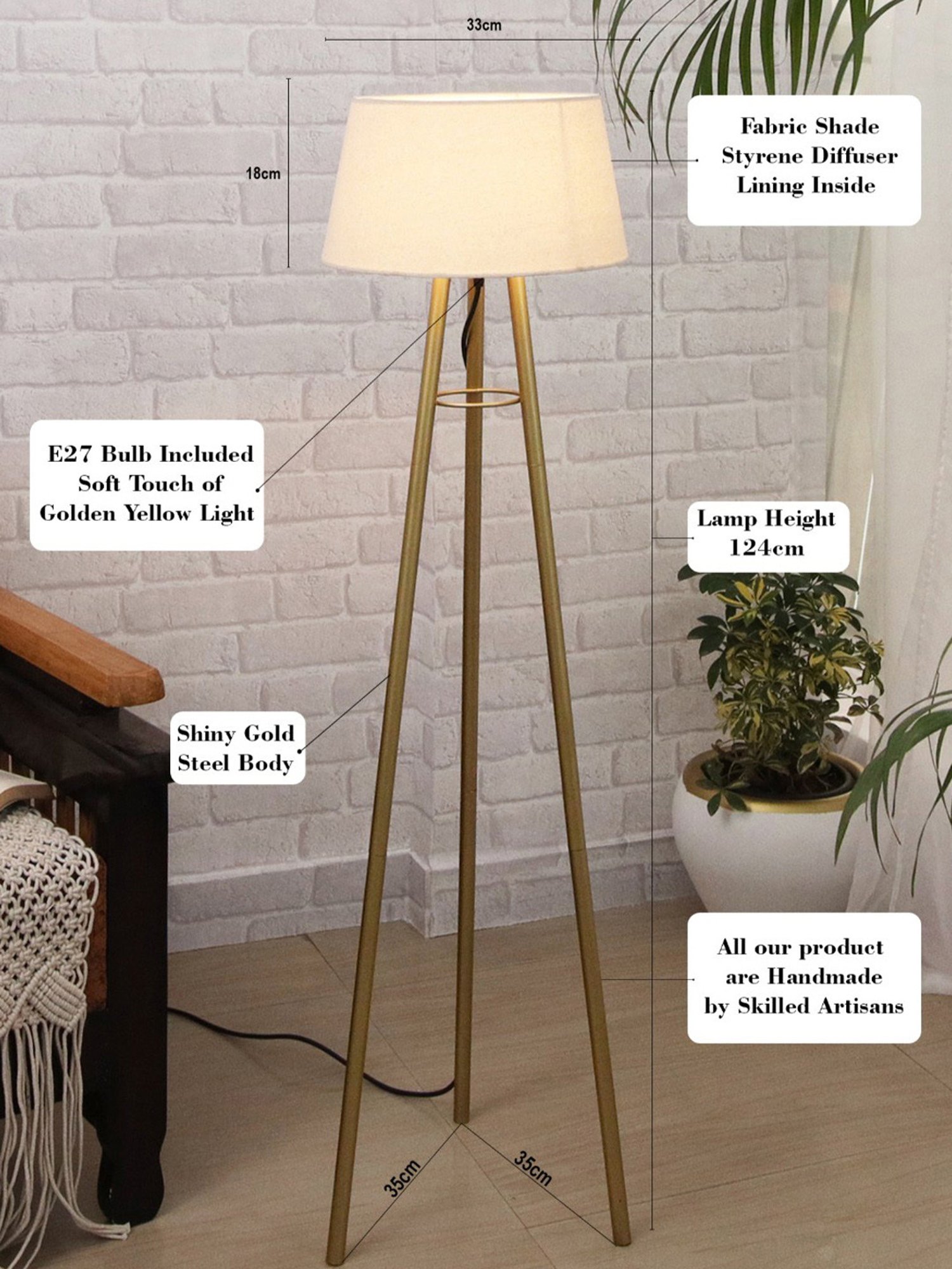 Homesake Cream & Golden Metal Standing Floor Lamp with Bulb and Floor Switch (Iron Legs)