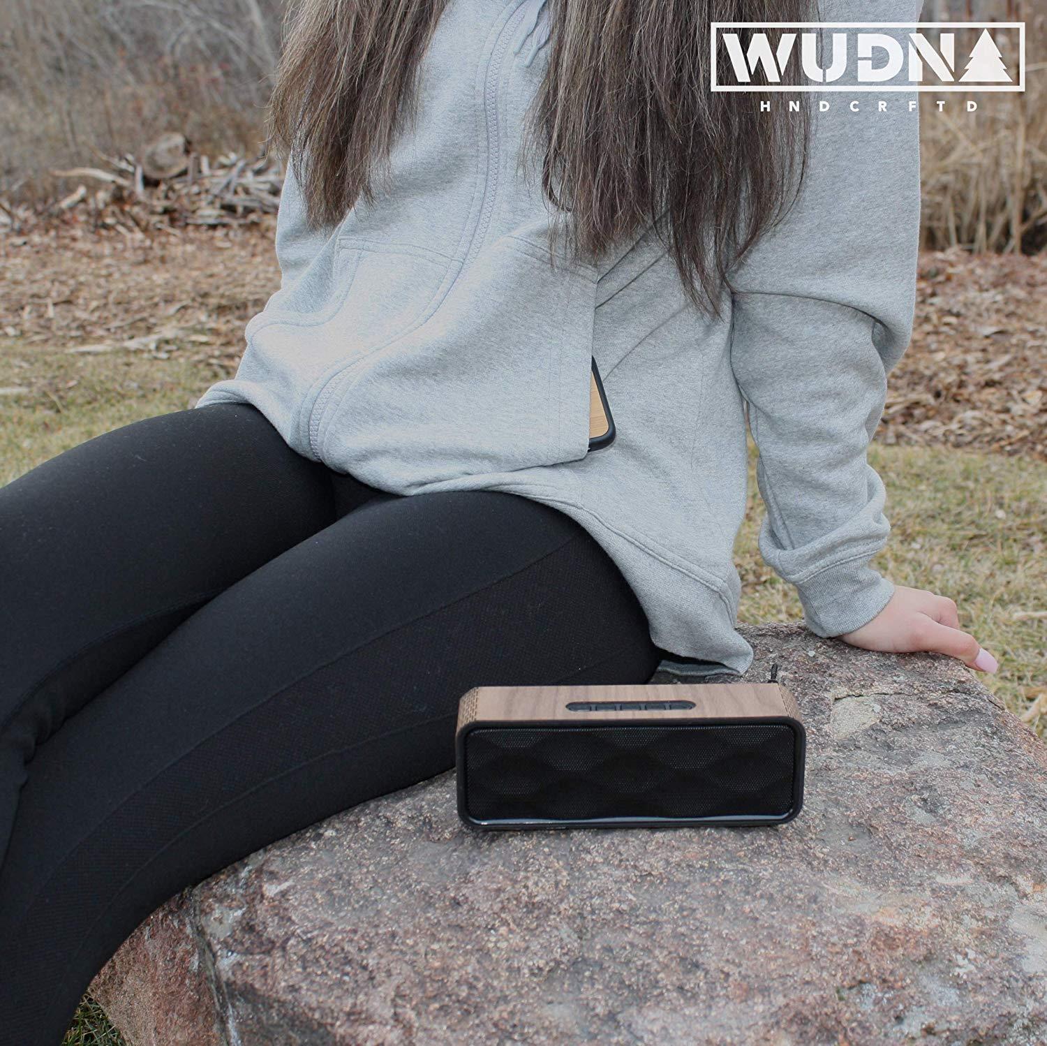 WUDN Portable Bluetooth Speaker V4.2, HD Audio, Great Bass, Speakerphone, FM Radio, TF Cardslot - Black Walnut Wood