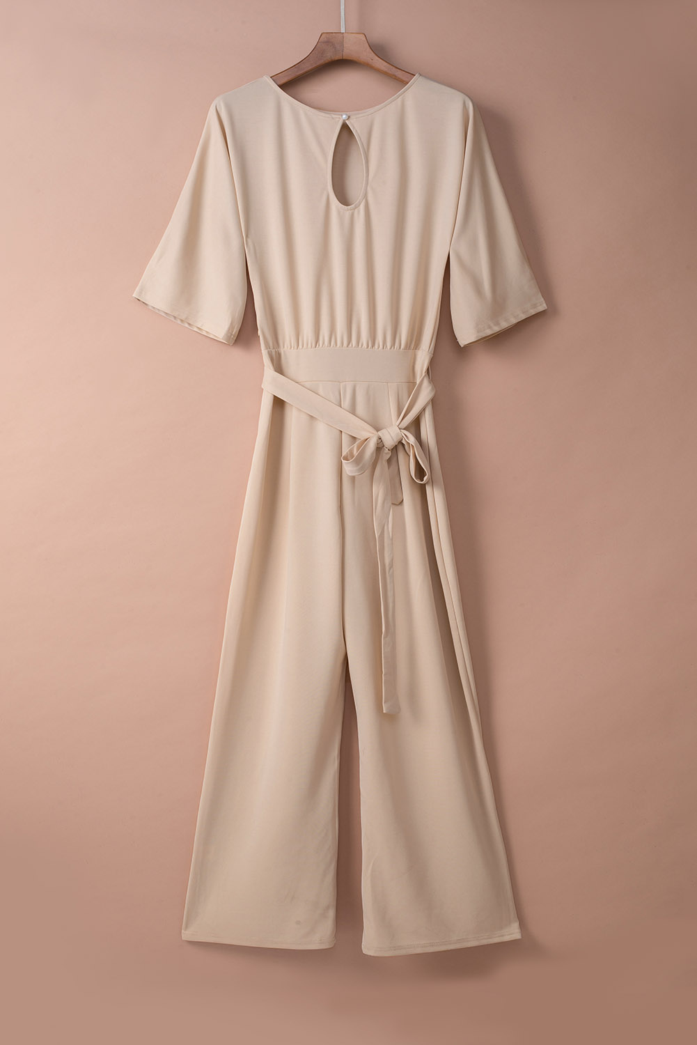 Rose Tan Solid Self Tied Straps Pleated Wide Leg Jumpsuit