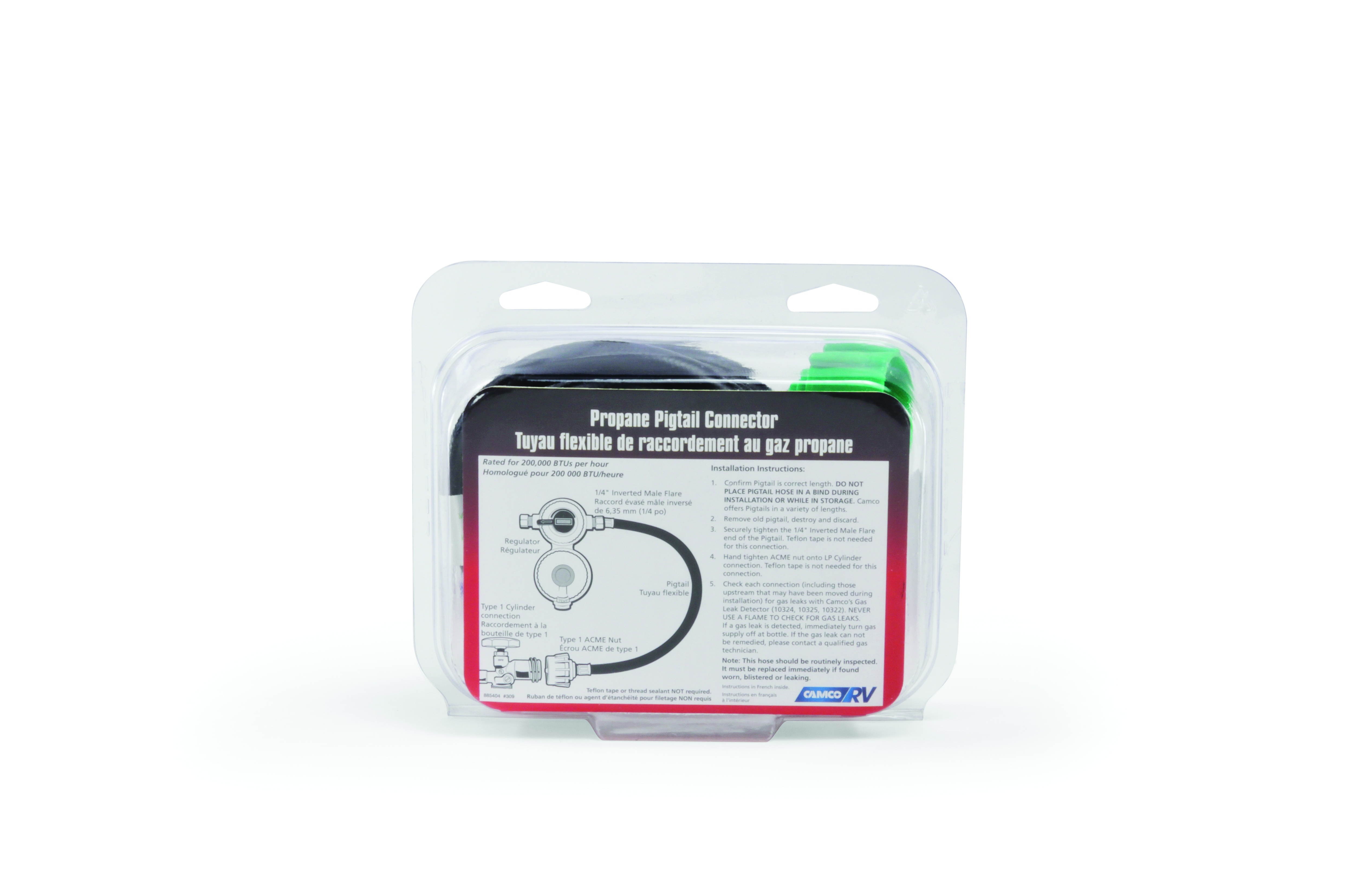 camco 60" pigtail propane hose connector, connects propane cylinder to a rv or trailer propane regulator, provides thermal protection and excess flow protection 59193