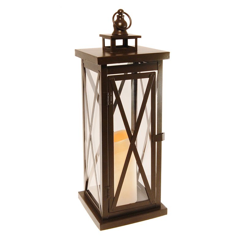Criss Cross Metal LED Lantern With Battery Operated Candle Brown - LumaBase