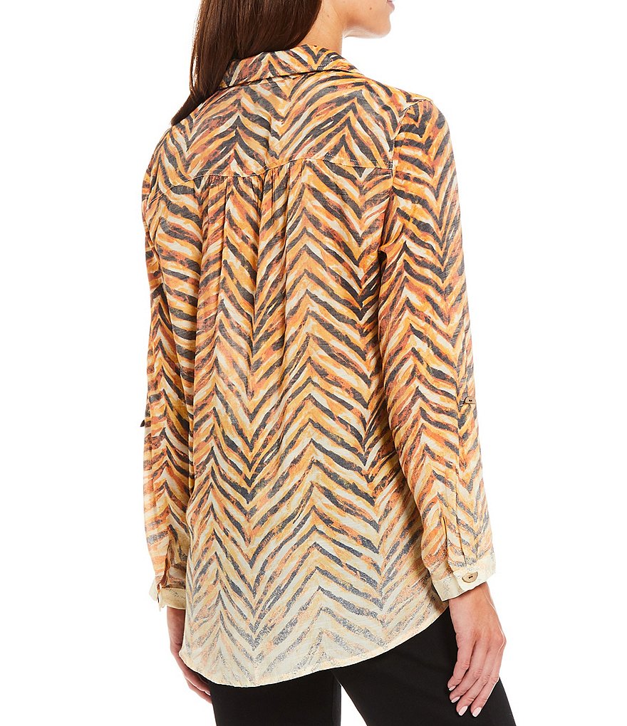 Multiples Ombre Zebra Print Woven Roll-Tab Sleeve Point Collar Button Down Tie-Front Shirt