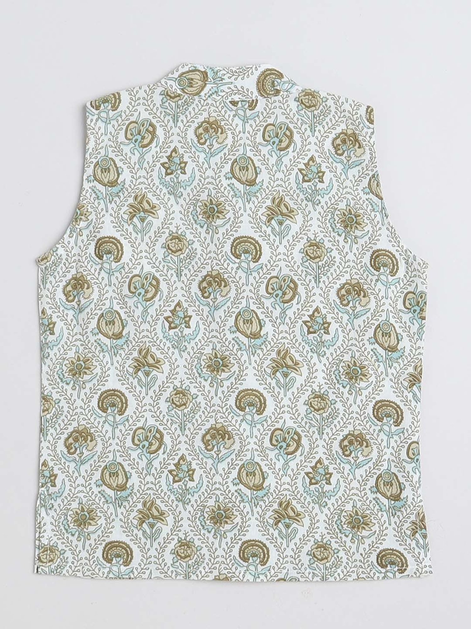 The Magic Wand Kids Mint Green & White Cotton Floral Print Full Sleeves Kurta Set