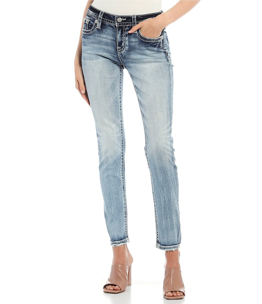 Miss Me Embellished Yoke Border Insert Flap Pocket Skinny Jeans