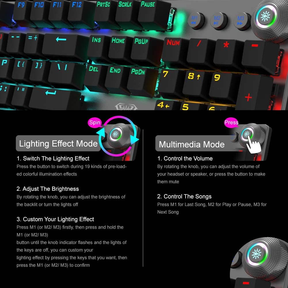 AULA F2088 True Mechanical Gaming Wired Keyboard wrist rest Multimedia Knob, Marco Programming metal panel LED Backlit keyboard