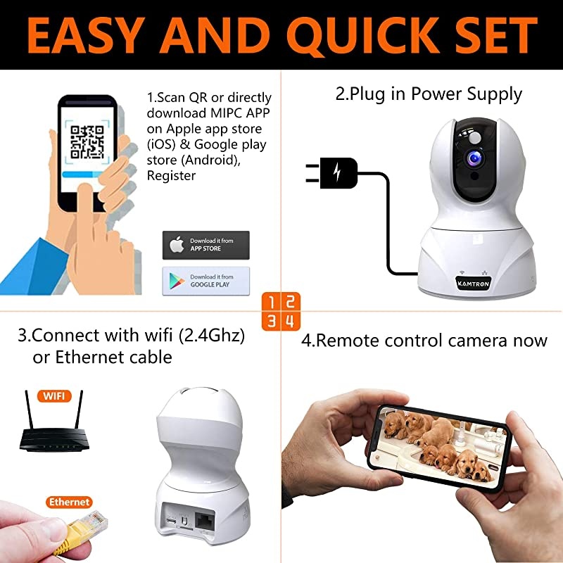 Security Camera 1080P Pet Camera -  WiFi Home Security System for Office/Baby Monitor, 2.4Ghz PTZ Indoor IP Wireless Dome Camera with Night Vision, Two-Way Audio, Cloud Service Available, White