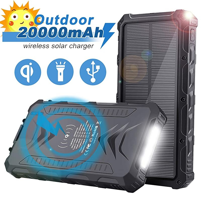 Solar Power Bank 20000mAh -  Qi Wireless Portable Charger Fast Charge with 4 Outputs, USB C Outputs 5V/3A High-Speed - Rainproof Battery Bank for Hiking Camping Outing