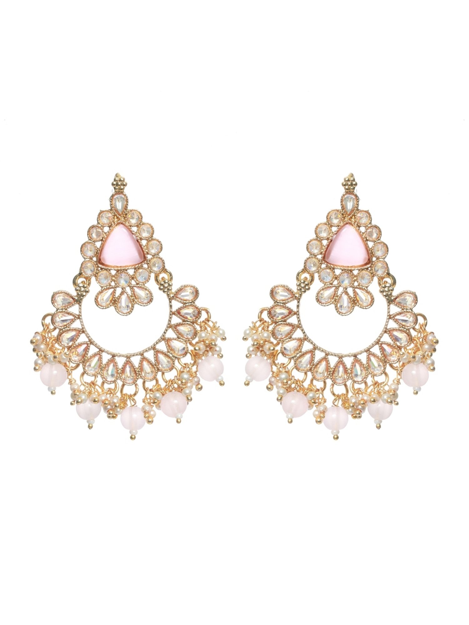 Aatmana White Kundan Studded & Pink Stone, Gold-Plated Chand Bali Earrings for Women