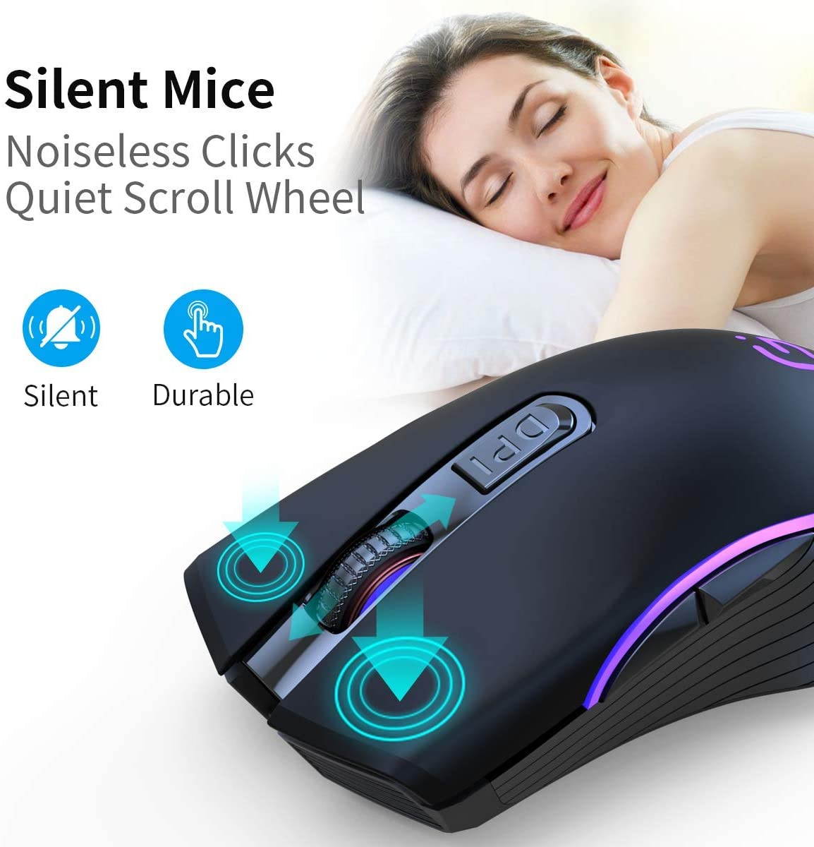 Silent Click Wireless Mouse for Laptop - Light up Rechargeable USB Cordless Mice for Computer, 3 DPI up to 2400, [Queit] Comfort & Smooth LED RGB Mouse for PC Tablet Chromebook Microsoft Windows Mac