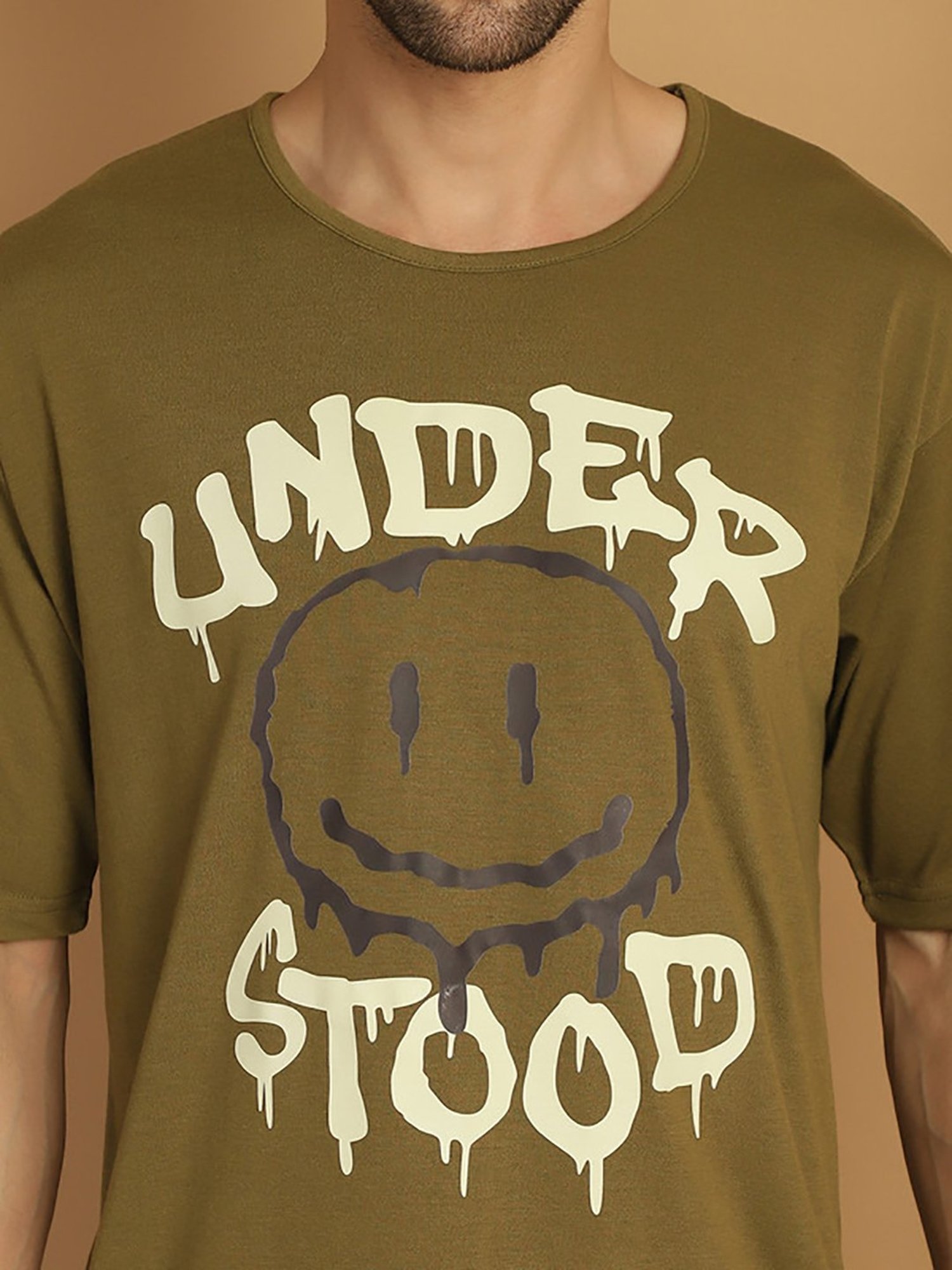 Vimal Jonney Olive Regular Fit Printed Oversized Crew T-Shirt