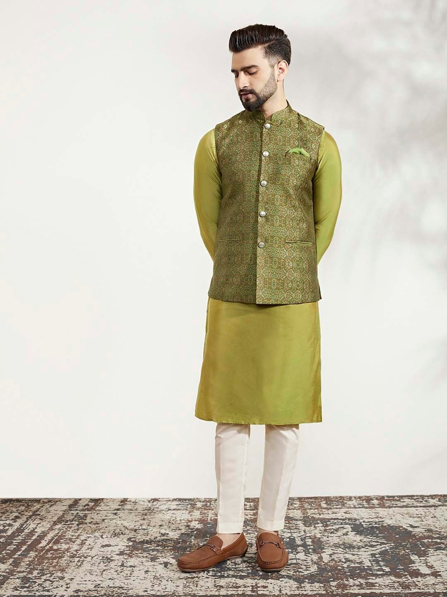 KISAH Olive & Off White Regular Fit Self Design Kurta & Pants With Nehru Jacket