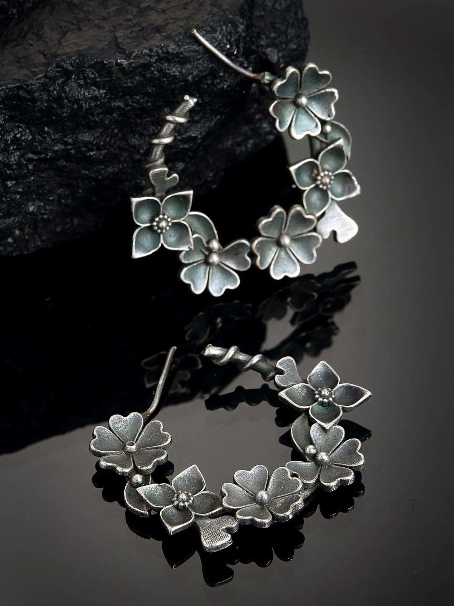 Panash Oxidized Silver-Look Floral Shaped Half Hoop Earrings