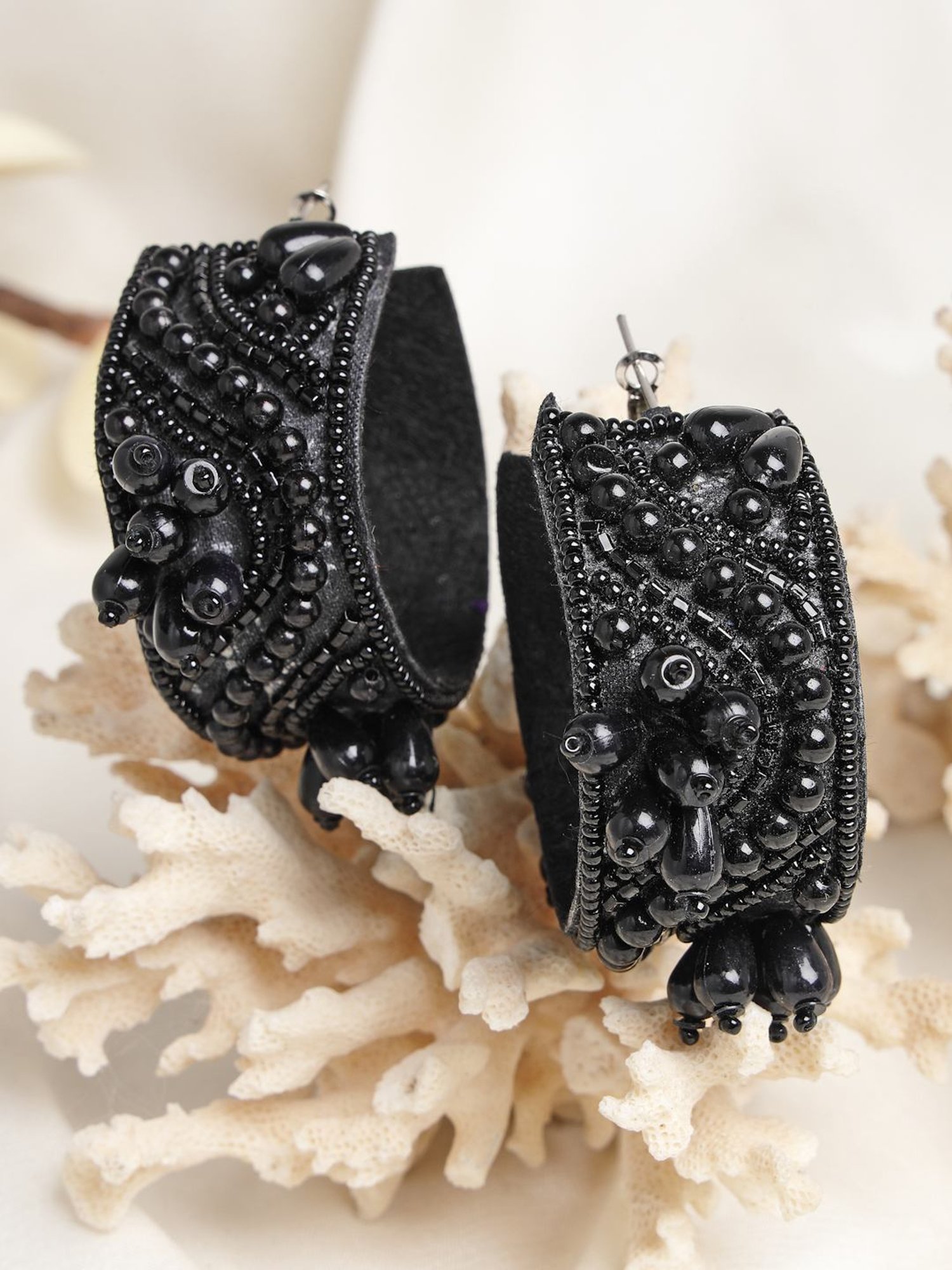 Moedbuille Black Beads and Pearls Contemporary Tassel Silver Plated Handcrafted Earrings