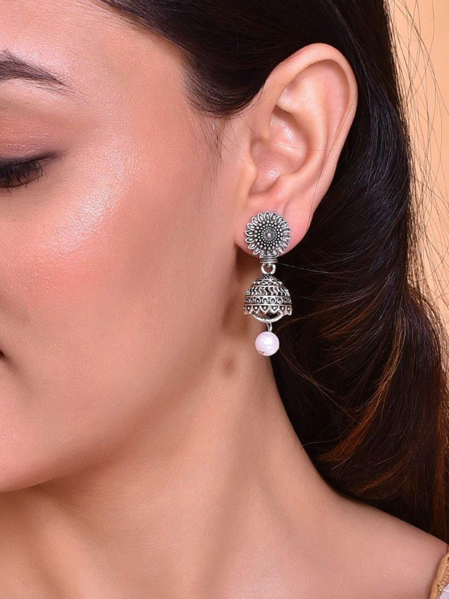 VOJ White Bead Studded Circular Oxidised Silver Plated Contemporary Jhumka for Women
