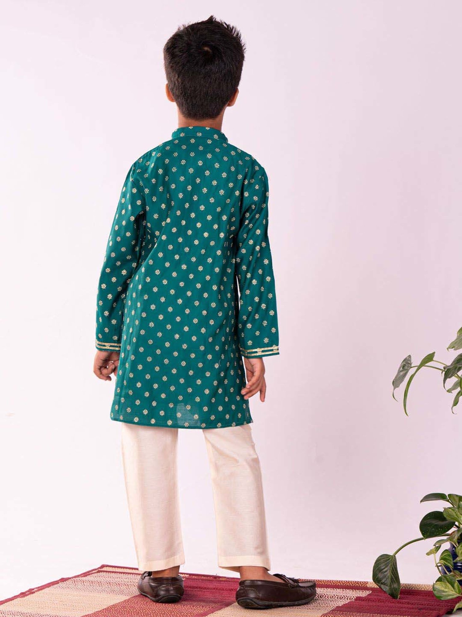 VASTRAMAY Boys Green & Cream Printed Full Sleeves Kurta Sets