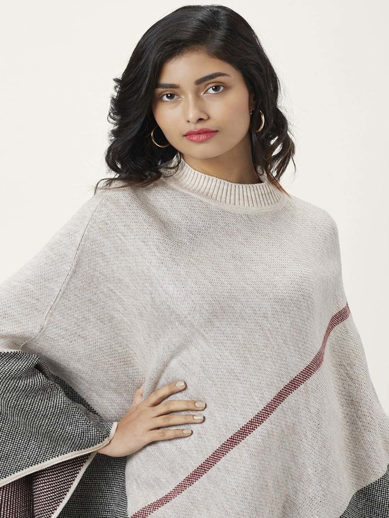 Honey by Pantaloons Beige Jacquard Pattern Poncho