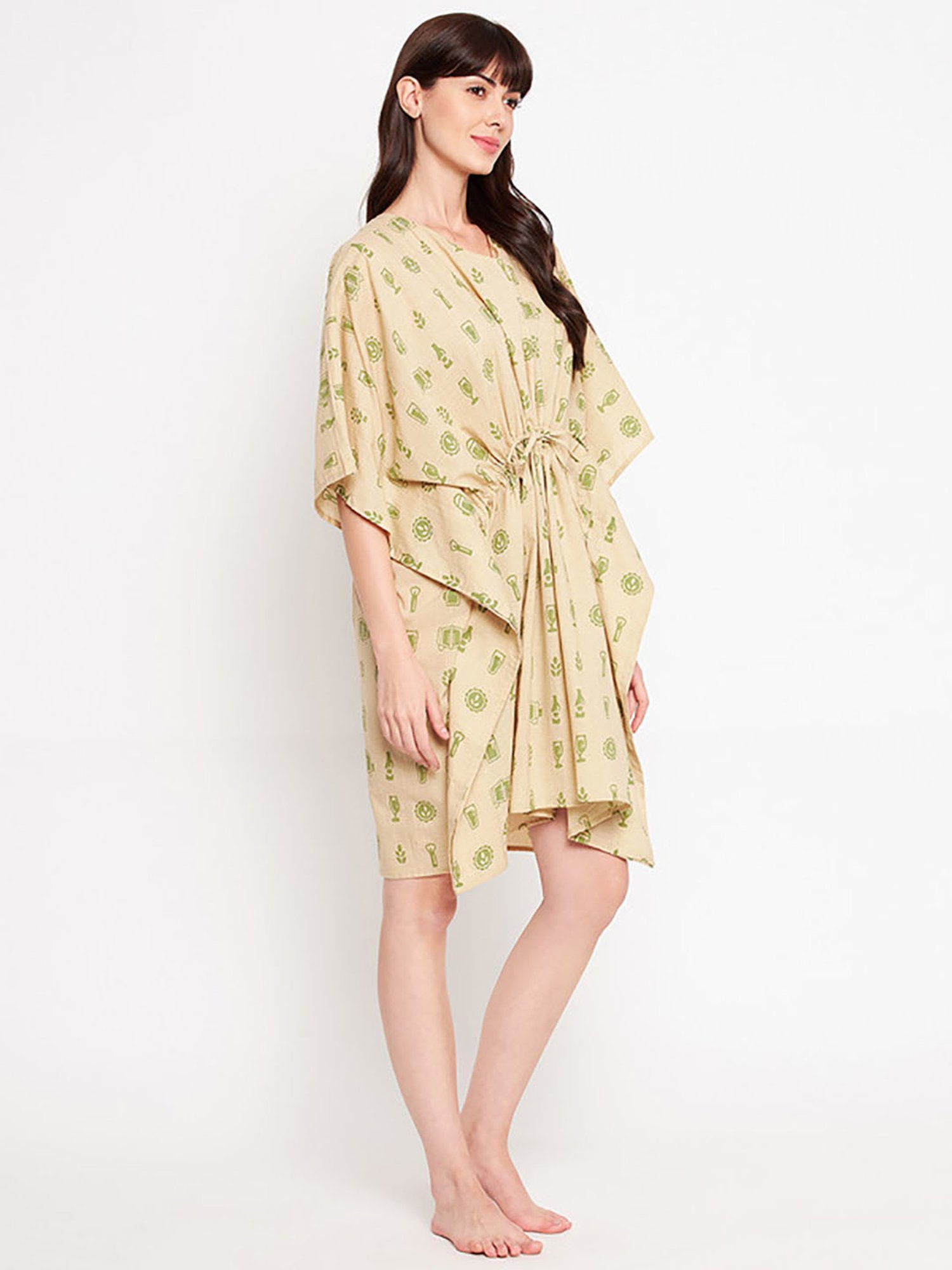 Secrets By ZeroKaata Beige Pure Cotton Printed Short Kaftan Cover Up Dress