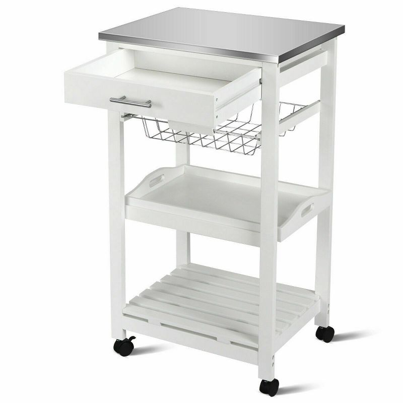 Costway Rolling Kitchen Trolley Cart Steel White Top Removable Tray W/Storage Basket &Drawers