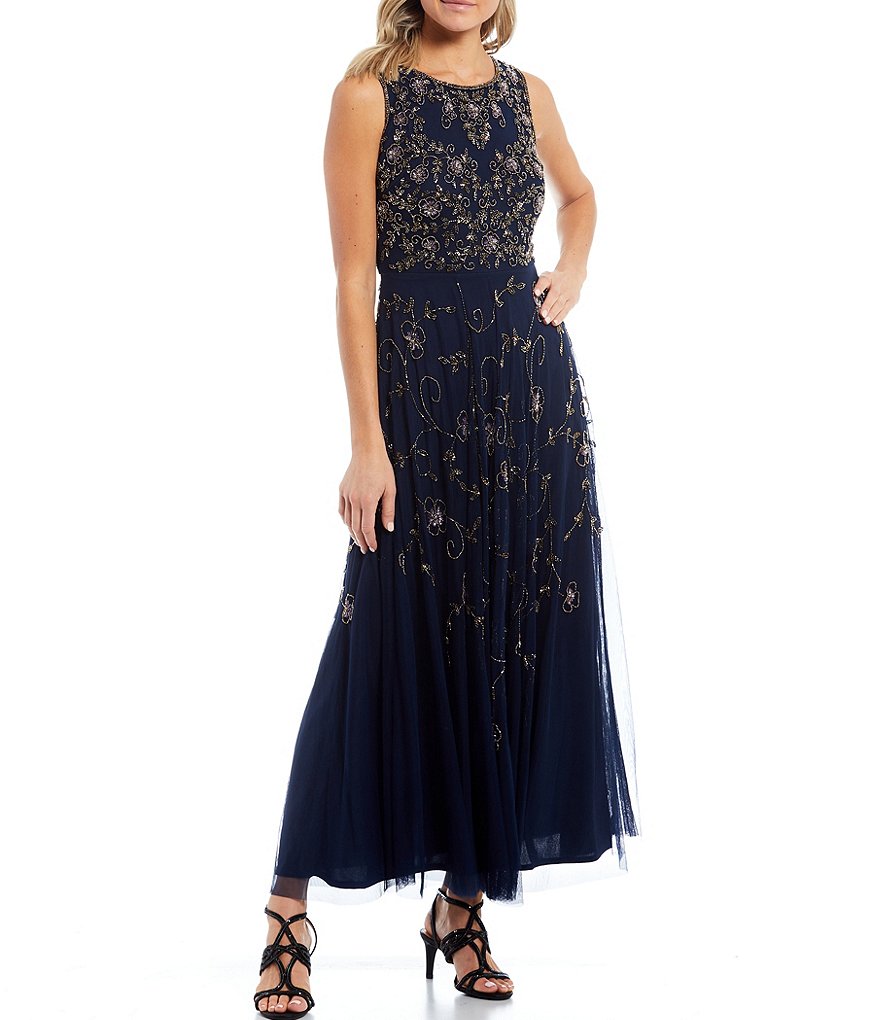 Jkara Chiffon Popover Beaded V-Neck 3/4 Capelet Sleeve Gown