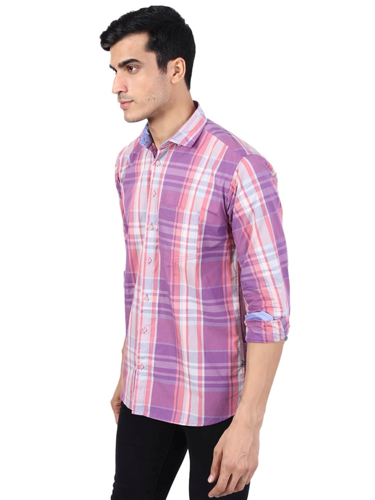 TAHVO Purple & White Cotton Slim Fit Checks Shirt