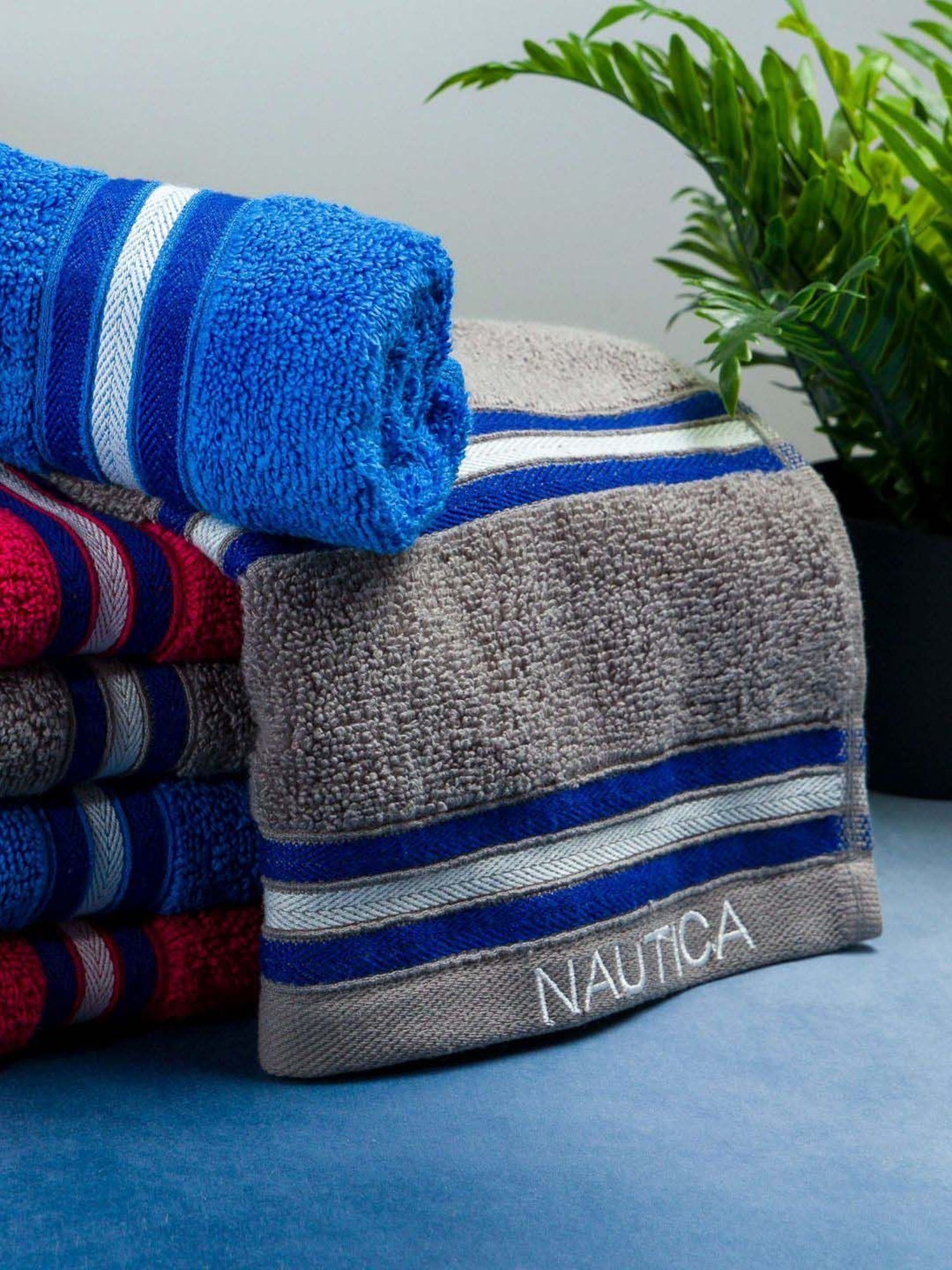 Nautica Vintage Crew Stripe Grey, Royal Blue & Burgundy Cotton 500 GSM Hand Towel - Set of 6