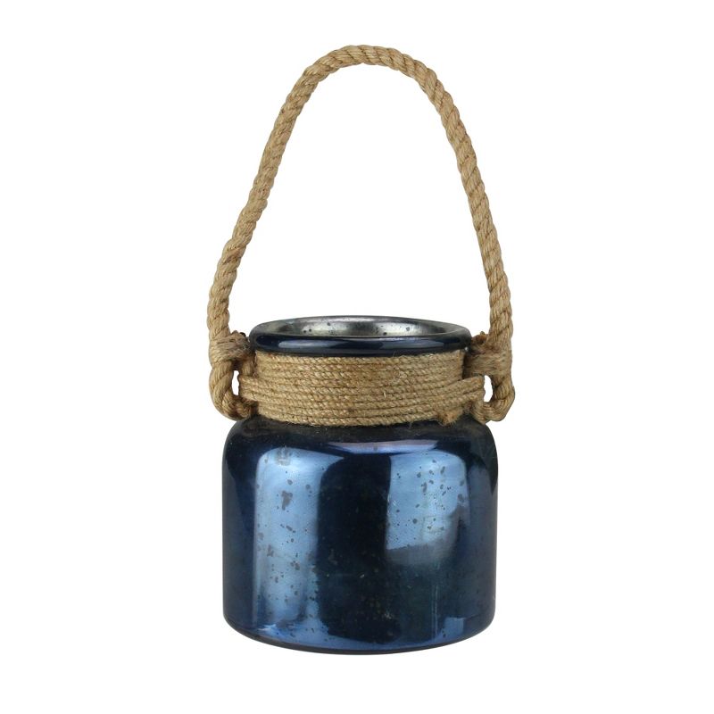 Kaemingk 6.25" Blue Mercury Glass Hurricane Lantern with Rope Handle