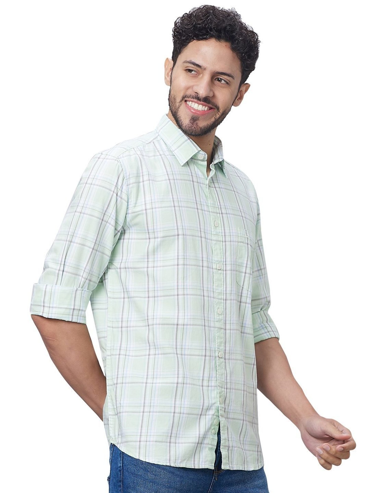 Parx Light Green Cotton Slim Fit Checks Shirt