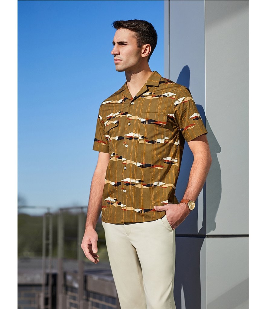 Murano Slim-Fit Stripe Print Short-Sleeve Woven Camp Shirt