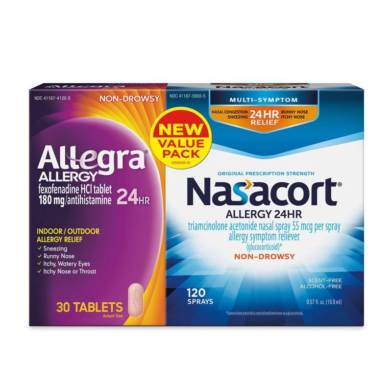 Allegra Fexofenadine Allergy Tablets and Nasacort Triamcinolone Acetonide Nasal Spray Combo Set - 2pk