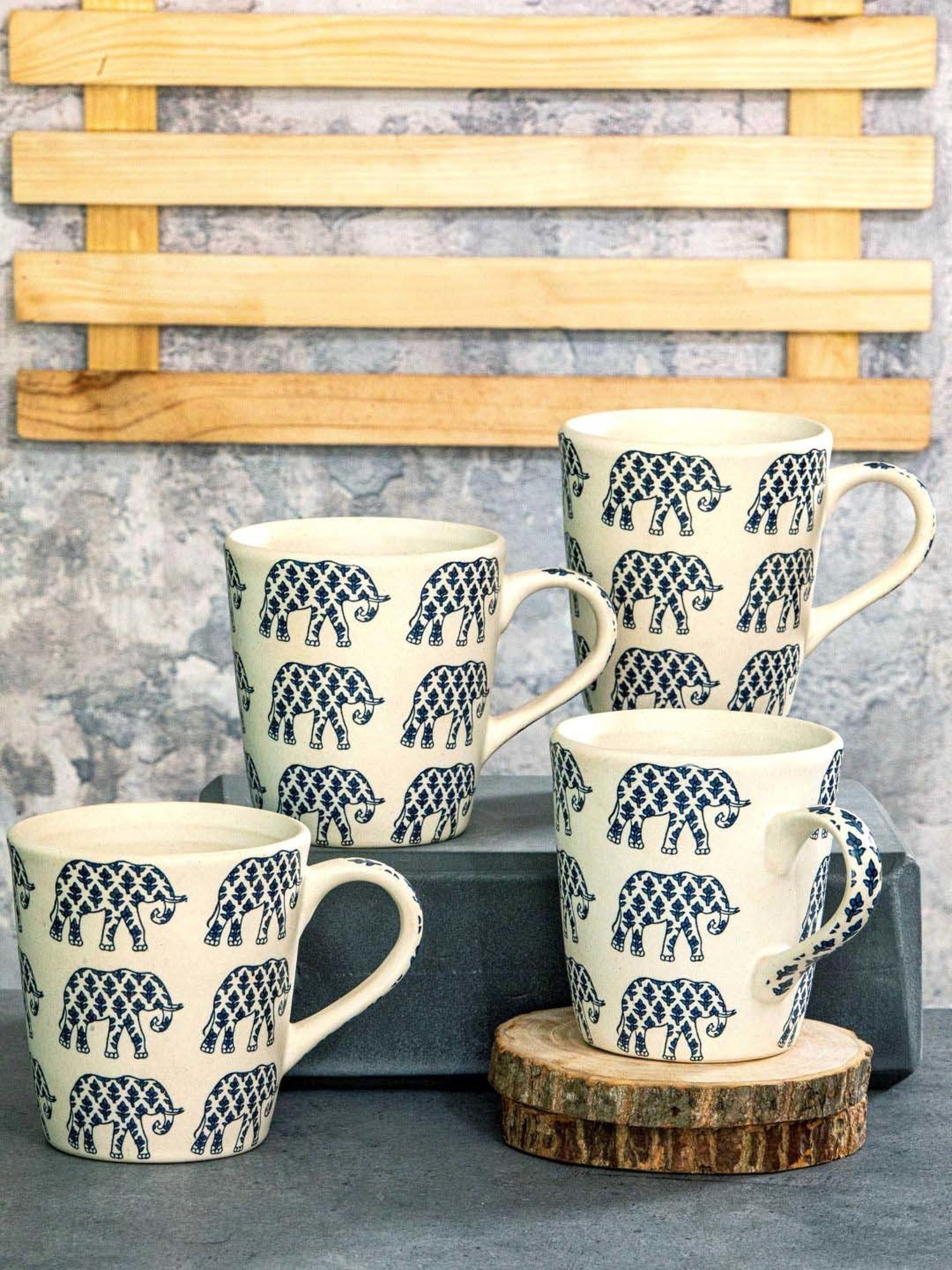 Goodhomes White & Blue Stoneware Coffee Mug (0.31 L) - Set of 4