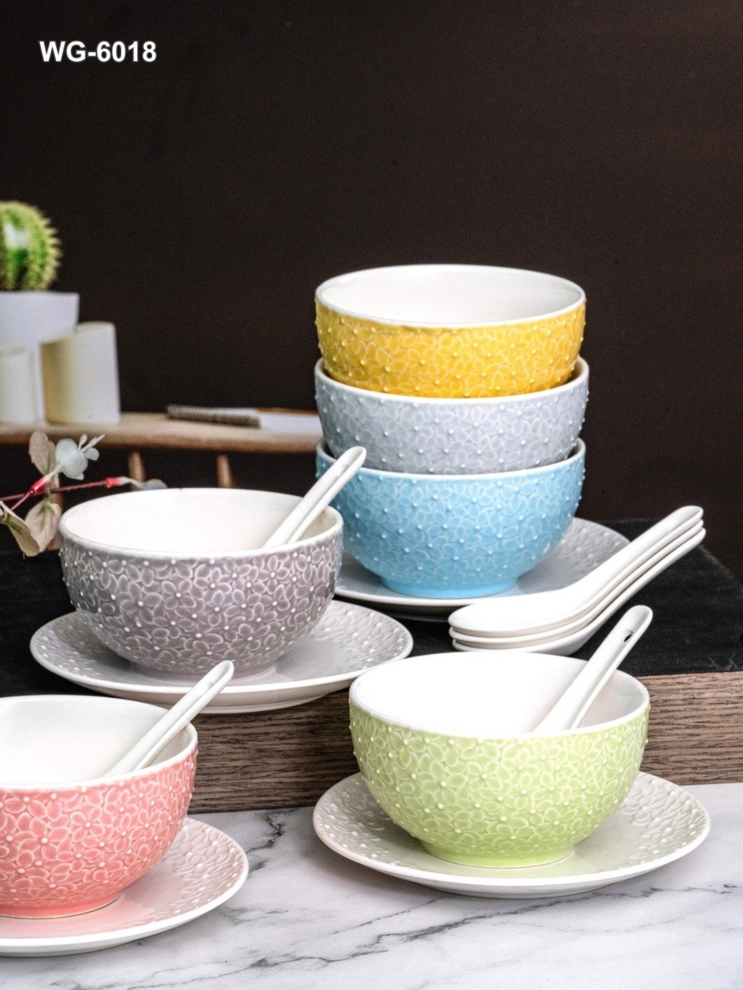 White Gold Multicolor Porcelain Soup Bowls - Set of 6