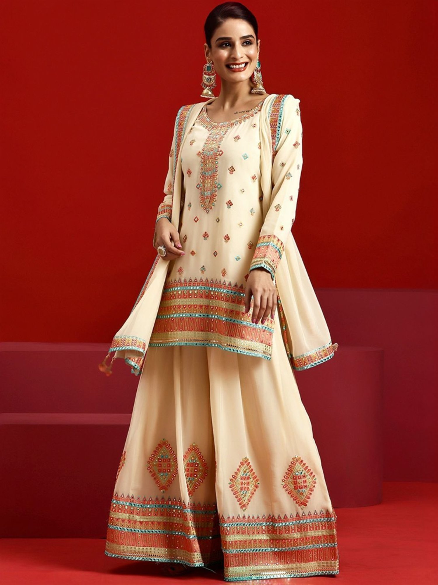 Libas Art Beige Embroidered Kurti Palazzo Set With Dupatta