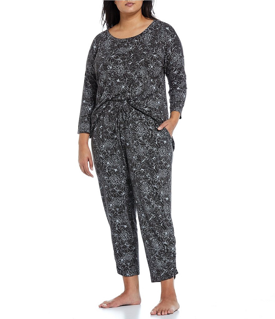 VAN WINKLE & CO. Plus Floral Print Round Neck 3/4 Sleeve Jersey Knit Sleep Top