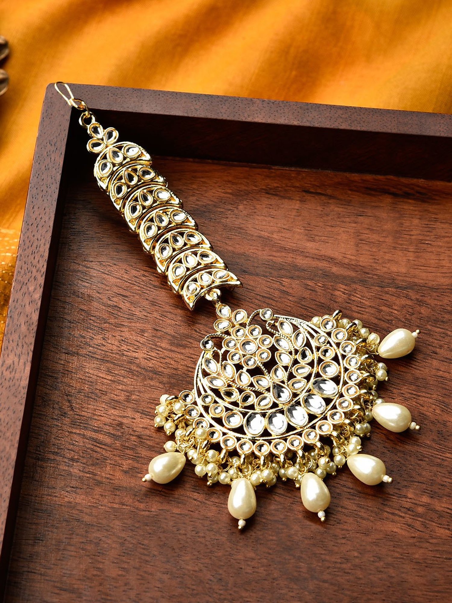 Fida Kundan Pearls Beads Gold-Plated Crescent Maangtikka for Women
