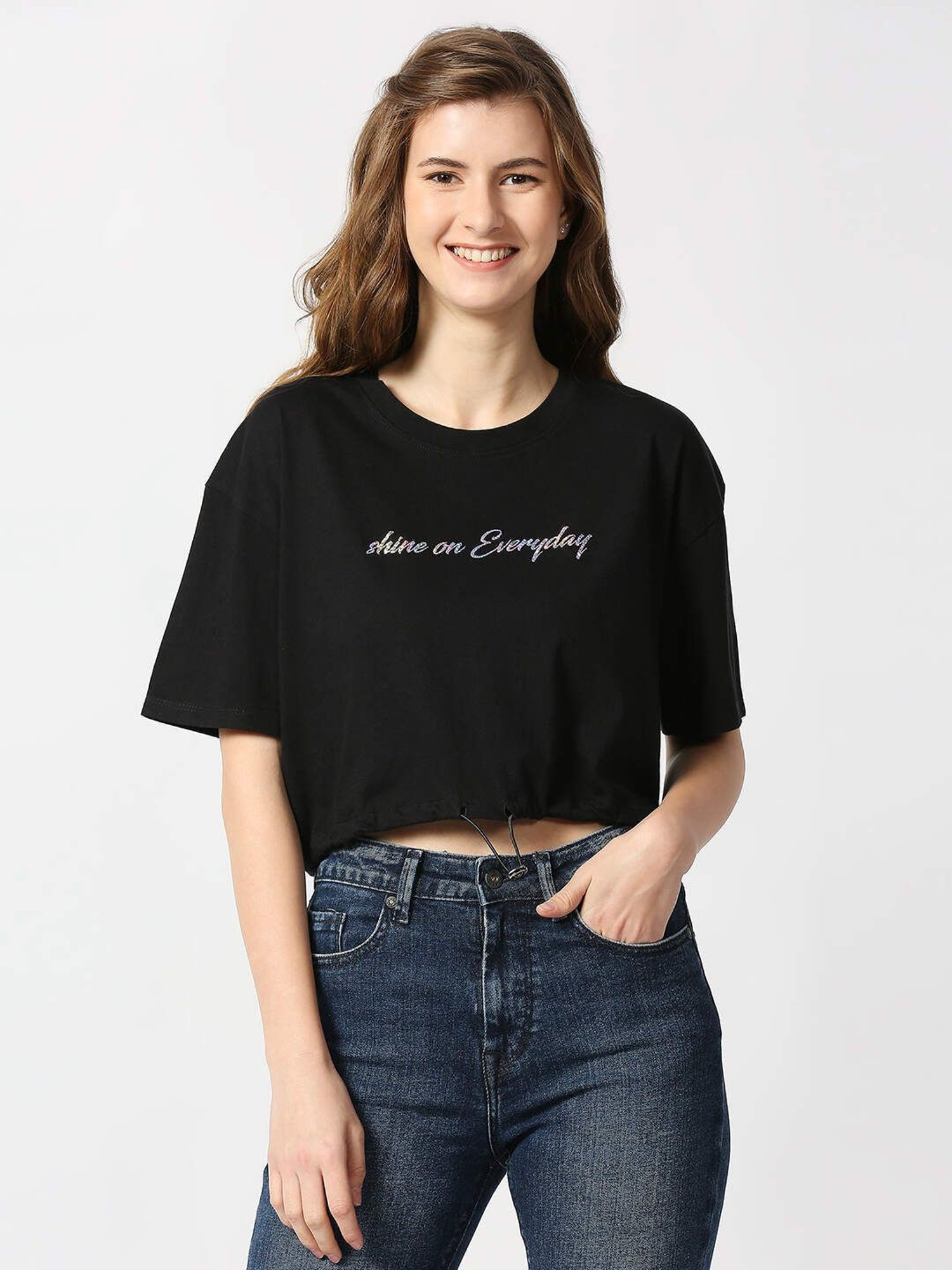 Pepe Jeans Black Cotton Graphic Print Top