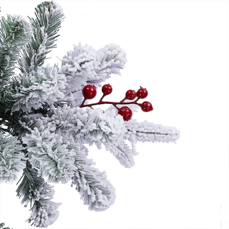 Haute Decor 7 Foot Lexington Slim Artificial Indoor Flocked Fir Tree with 1400 Warm White LED Lights and 34 Red Berry Clusters, Green