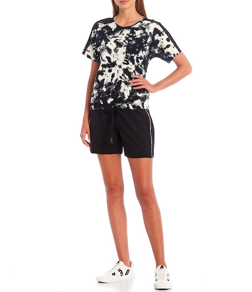 KARL LAGERFELD PARIS Printed Tie-Dye Jersey Mesh Logo Sleeve Top