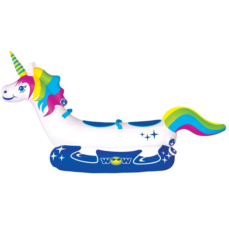 Wow Watersports Giant Rainbow Unicorn 2 Person Rider PVC Inflatable Pontoon Boating Ride On Lake Boat Towable Tube