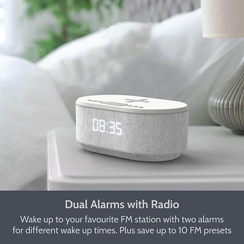 Radio Alarm Clock with USB Charger, Bluetooth Speaker, QI Wireless Charging, Dual Alarm Dimmable LED Display (White)