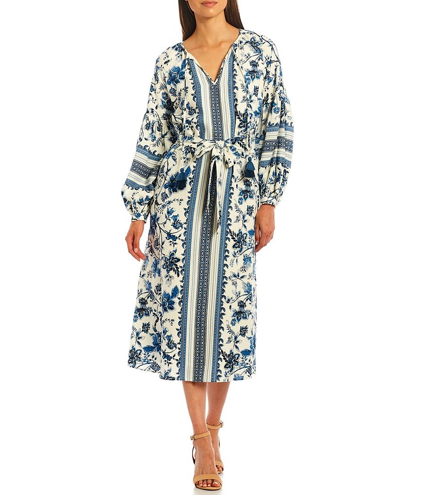 A Loves A Belted Border Long Puff Sleeve Getaway Midi Dress