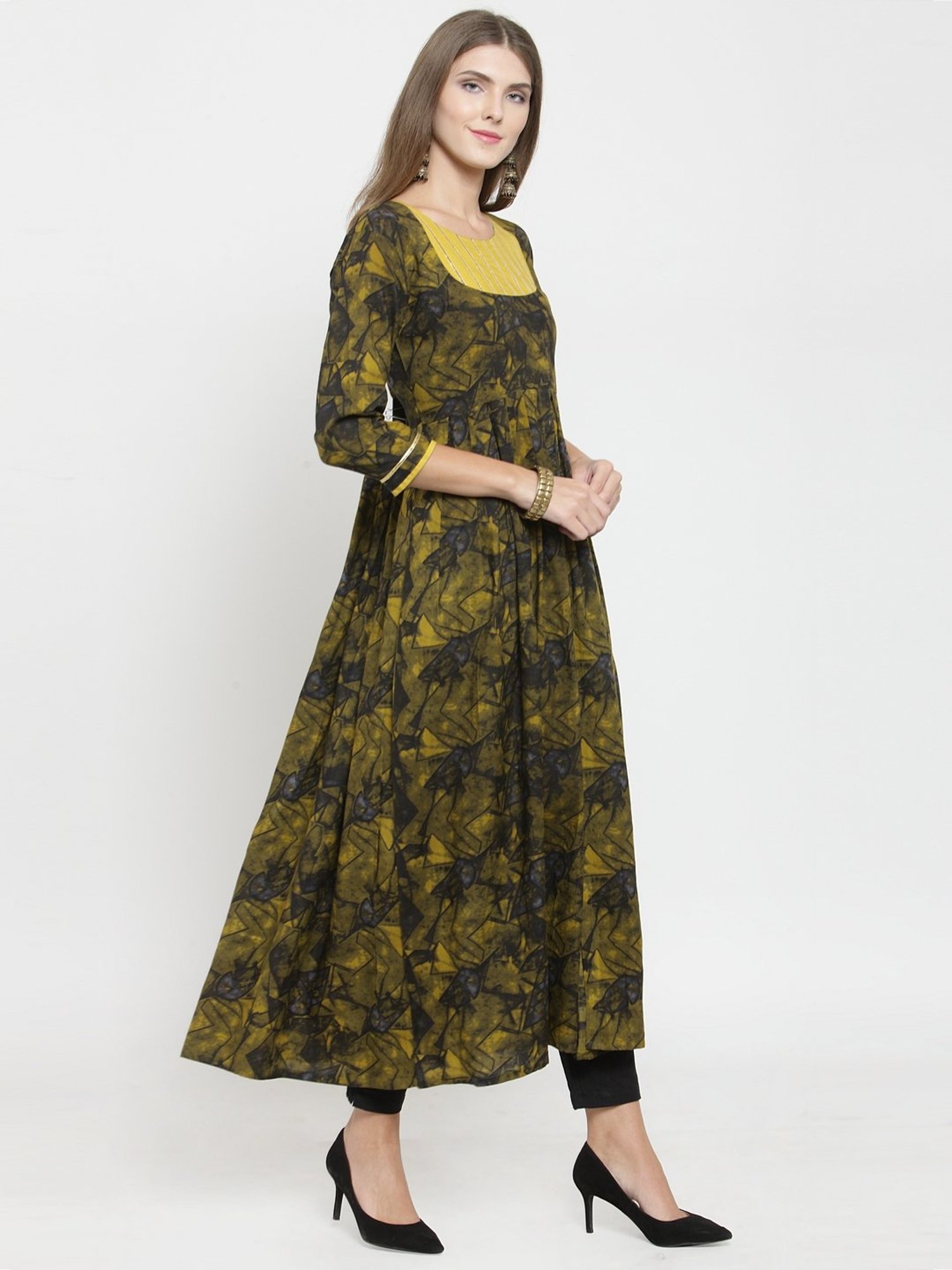 Indibelle Black & Yellow Printed A Line Kurta