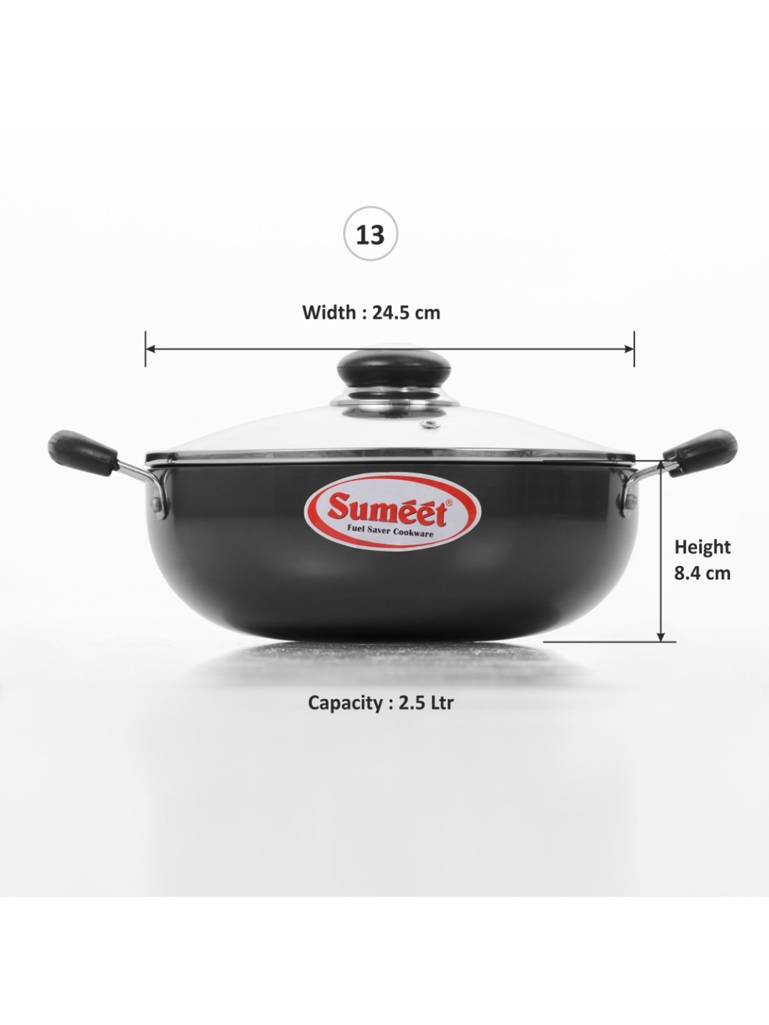 Sumeet 3mm Hardanodised Deep kadhai with Glass Lid Lid. No. - 13  24cm Dia. 2.5 Ltr Capacity