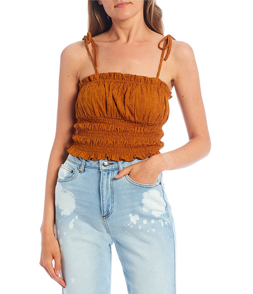 GB Floral Embroidered Smocked Eyelet Top