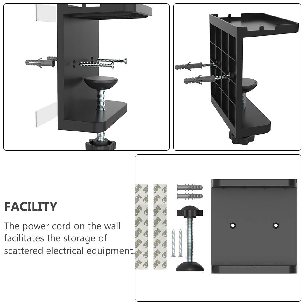 1pc Power Strip Holder Wall-mount Power Strip Bracket with Phone Holder (Black)