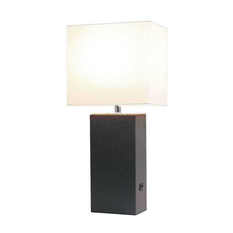 Modern Leather Table Lamp with USB and Fabric Shade Espresso Brown - Elegant Designs
