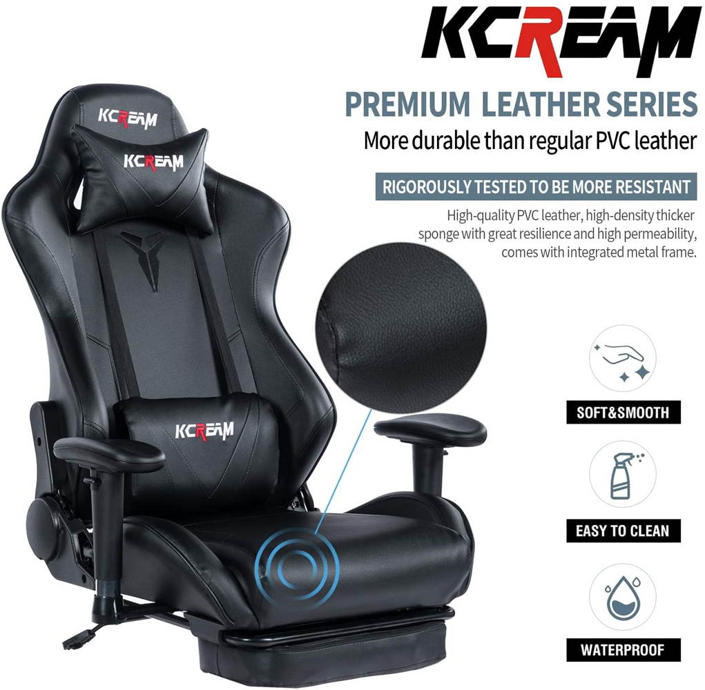 KCREAM PU Leather Swivel Chair Gaming Chair with Footrest Ergonomic Office Chair Headrest Lumbar Support Comfortable Large Size High Back Adjustable Reclining Computer Desk Chair
